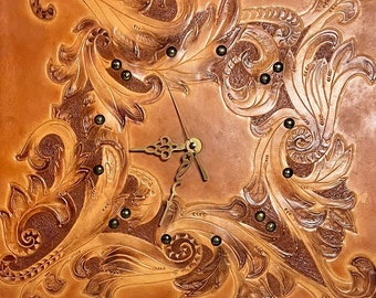 MidCentury Hand-Tooled Leather Clock