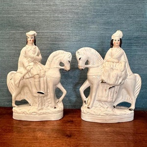 Antique Pair of Flatback Staffordshire Mantle Figures Featuring a Couple on Horseback