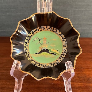 Vintage Signed 1930s Carlton Ware English Porcelain Black and Gold Pagoda Dish