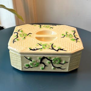 Seltene Vintage Moriyama Japan Grüne Kirschblüte Crackle Finish Schale mit Deckel