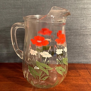 Vintage Anchor Hocking Red and White Poppies Glass Pitcher with Ice Lip