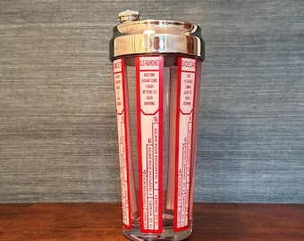 Vintage Mid-Century Modern Glass Cocktail Shaker with Red Recipe Graphics