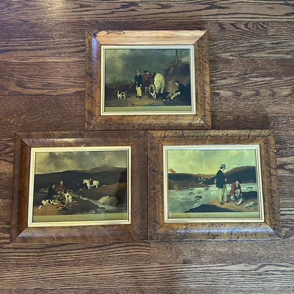 Vintage Verre Eglomisé: Set of Three Reverse Glass Hunting / Fishing Paintings Made in England