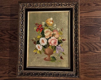 Original Signed Oil Painting of Flowers on a Gold Background by Italian Artist R. Rosini