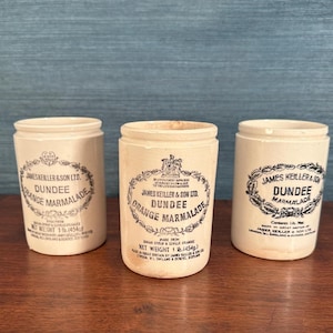 Trio of Antique James Keiller & Son Ltd. Dundee Marmalade Stoneware Crocks / Pots / Jars