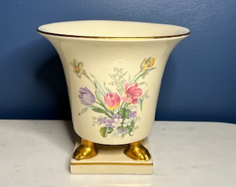 Vintage Continental Porcelain Cache Pot/Vase with Gold Clawfoot Base