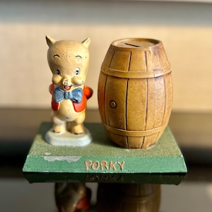 Vintage 1940s Die Cast Metal Porky Pig Savings / Piggy Bank Made by Moss Metal Company