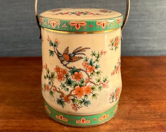 Vintage Daher Handled Collectible Tin with Bird and Floral Pattern, Made in England