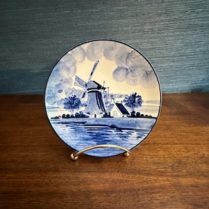 Vintage Delfts Holland Hand Painted Blue and White Windmill Small Decorative Wall Hanging Plate