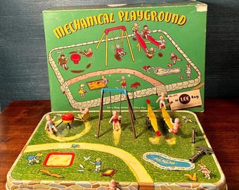 Vintage Tin Litho Wind-Up Playground by Lee Toys - Working Condition, Original Box