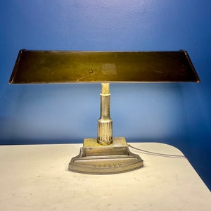 Vintage Brass Bankers Office Desk Table Lamp with Pen Slot