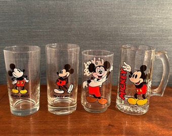 Vintage Assortment of Four Walt Disney Mickey Mouse Drinking Glasses