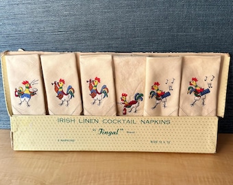 Vintage Boxed Set of Fingal Irish Linen Cocktail Napkins - Embroidered Roosters