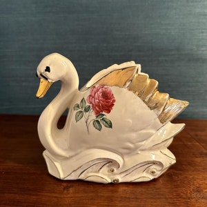 Vintage 1950s McCoy Ceramic Transferware Swan Planter Trimmed in Gold