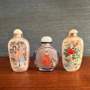 Antique Lot of Three Reverse Glass Painted Japanese Snuff Bottles