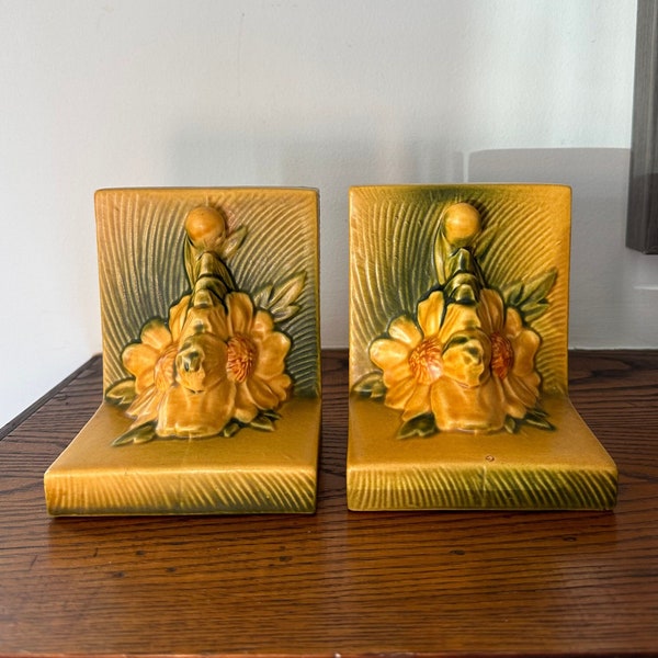 1940s Pair of Roseville USA Peony Ceramic Bookends
