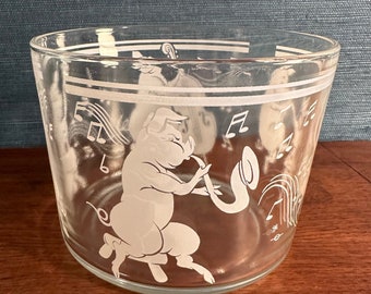 Vintage Hazel Atlas Dancing Pigs Glass Ice Bucket