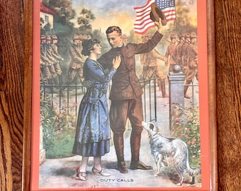 Litografía antigua de 1917 sobre la Primera Guerra Mundial titulada "El deber llama", de E.G. Renesch.