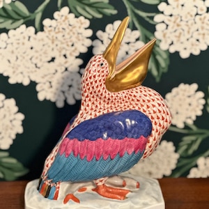 Vintage Herend Hungry 8.5&quot; Pelican With Red Fishnet in Wonderful Condition from the Waterfowl Collection #5073