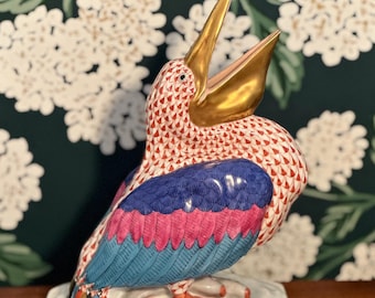 Vintage Herend Hungry 8.5&quot; Pelican With Red Fishnet in Wonderful Condition from the Waterfowl Collection #5073