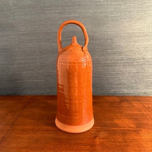 Può includere: Un'anfora in ceramica di colore terracotta con corpo arrotondato e manico. L'anfora ha una finitura liscia e lucida.