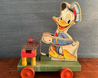 Vintage 1930s Donald Duck Pull Toy Xylophone Wooden Disney Fisher