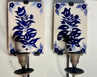 Pair of Vintage Blue and White Delft Style Painted Tile Sconces