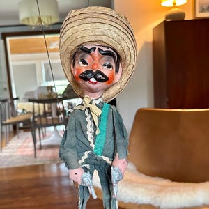 Vintage Mexican Gunslinger Bandito Marionette with Woven Sombrero