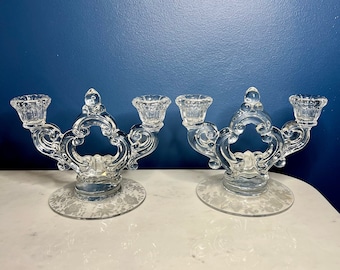 Pair of Vintage Cambridge Clear Keyhole 3400/647 Candle Holders with Large Double Arms