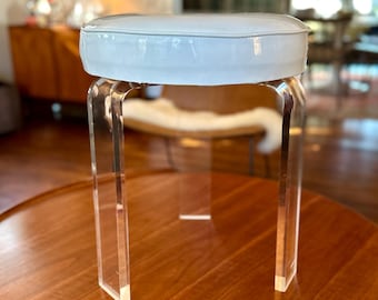 Vintage Mid-Century Modern Lucite Vanity Stool with White Patent Vinyl Round Seat