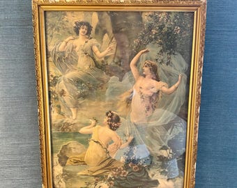 Antiker Jugendstil gerahmter Druck griechischer Mythologischer Nymphen