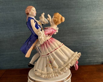 Vintage Intricate Porcelain Music Box Featuring a Waltzing Couple, Plays The Blue Danube Waltz by Johann Strauss II