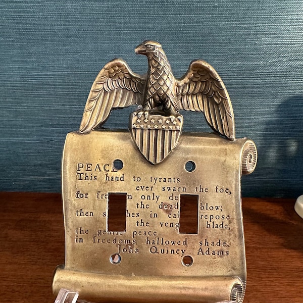 Vintage Colonial Brass Double Light Switch Cover Featuring an American Eagle and Quotation from John Quincy Adams