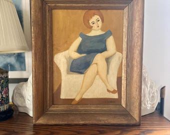 Vintage Mid Century Mod Oil Portrait Painting Woman in Blue Dress Gimbels Canvas Panel