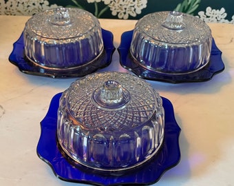 1940s Cobalt Blue and Imperial Cut Glass Covered Cheese Dishes—Three Available