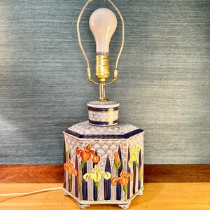 Vintage Hexagonal Ceramic Iris Floral Table Lamp