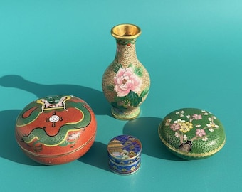 Vintage Collection of Three Chinese Cloisonné Boxes and a Small Vase