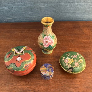 Vintage Collection of Three Chinese Cloisonné Boxes and a Small Vase