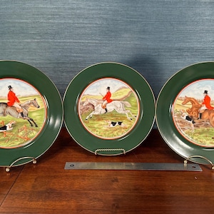 Set of 3 Vintage Fitz & Floyd TALLYHO Fine Porcelain Luncheon Plates, Made in Japan