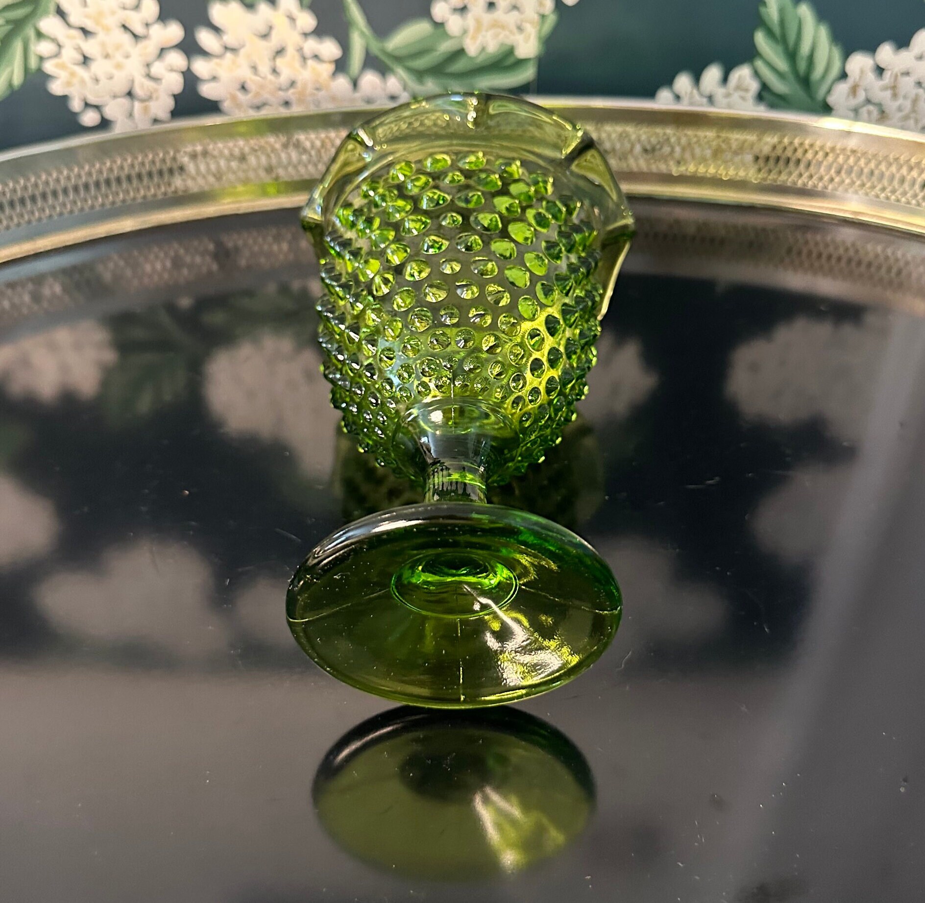 ヴィンテージ フェントン ホブネイル グリーン 台座 脚付き コンポート