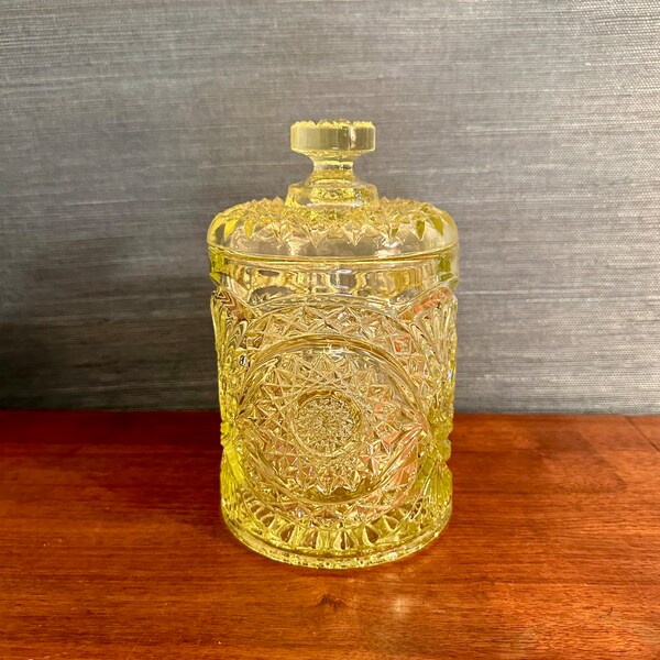 Vintage Yellow Imperial Hobstar Cut Glass Glass Biscuit / Cookie Jar