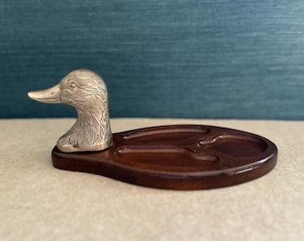 Bandeja organizadora de tocador de latón antiguo con forma de pato y madera
