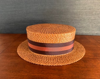 VTG Brooks Brother Straw Boater Hat with Navy and Red Ribbon Brooks Brothers Straw Boater Made In Italy main image 4