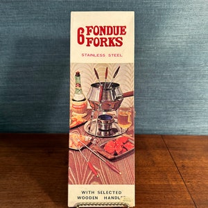 Vintage Set of Six Stainless Steel Fondue Forks With Teak Handles, In Original Box