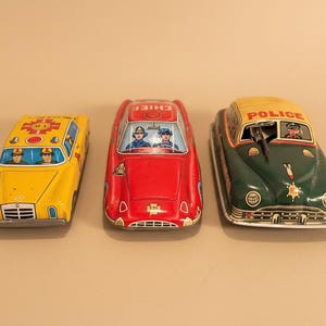 Vintage Japanese Tin Litho Car Set: Police, Fire Chief, Emergency FD