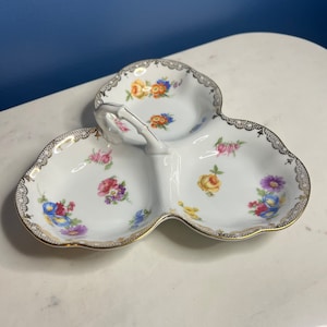 Antique Royal Epiag Three-Part Handled Porcelain Relish Dish with Colorful Florals and Gold Gilt, Made in Czechoslovakia