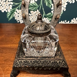 Antique Glass Inkwell: PS&W Lucky Horseshoe Iron Desk Set, 1877