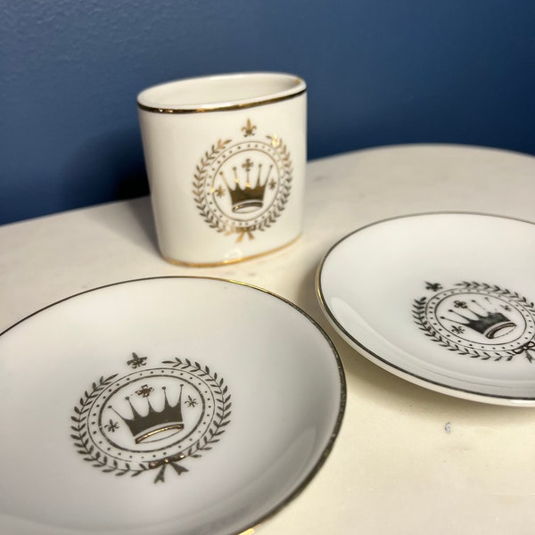 Vintage Trio of Small Utensil / Toothpick Holder + Two Small Plates Adorned with Crown, Laurel Wreaths, Fleur de Lis