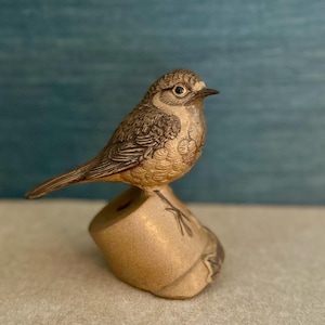 May include: A detailed figurine of a bird perched on a rock. The bird has brown and tan feathers with a golden-colored body. The rock is a light tan color with a small, black drawing of a branch. The background is a teal color.