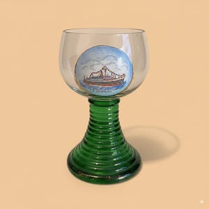 Vintage Römer / Roemer Green Foot Souvenir Goblet Commemorating the TS Bremen German Ocean Liner